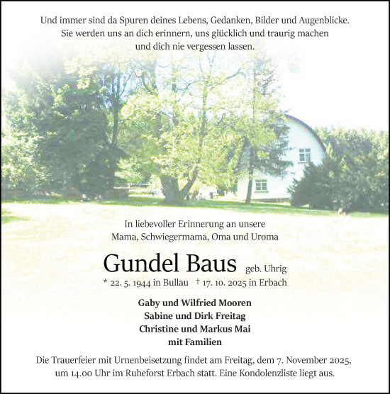 Traueranzeige von Gundel Baus von Odenwälder Echo
