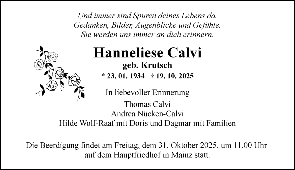  Traueranzeige für Hanneliese Calvi vom 25.10.2025 aus Allgemeine Zeitung Mainz