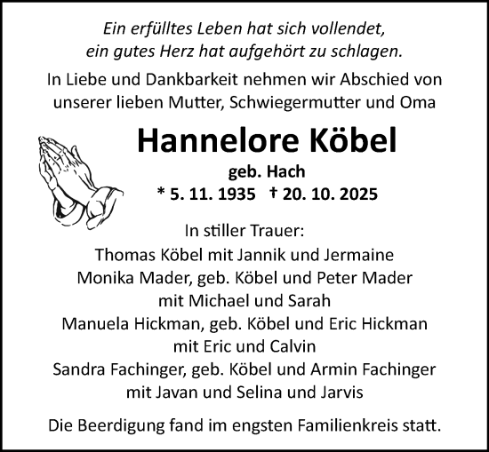 Traueranzeige von Hannelore Köbel von Allgemeine Zeitung Mainz