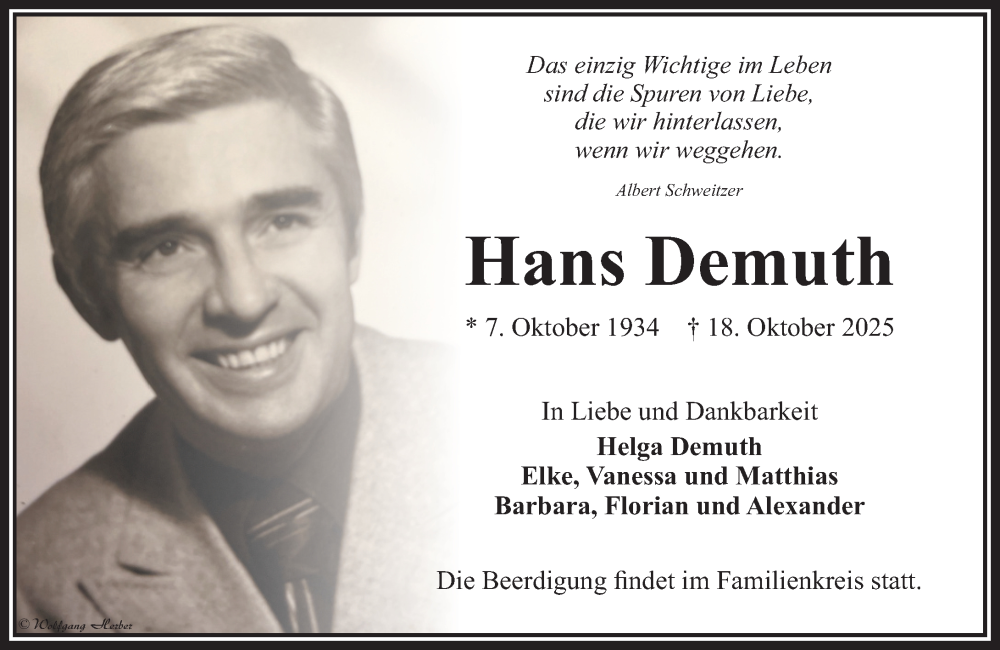  Traueranzeige für Hans Demuth vom 23.10.2025 aus Camberger Anzeiger