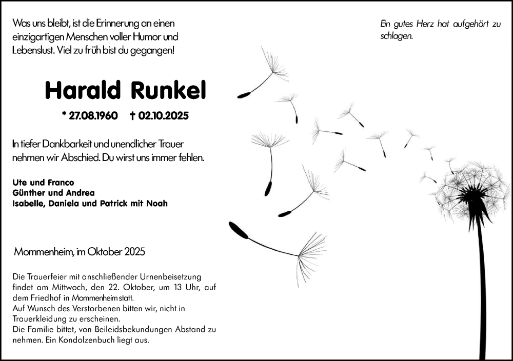  Traueranzeige für Harald Runkel vom 18.10.2025 aus Allgemeine Zeitung Mainz