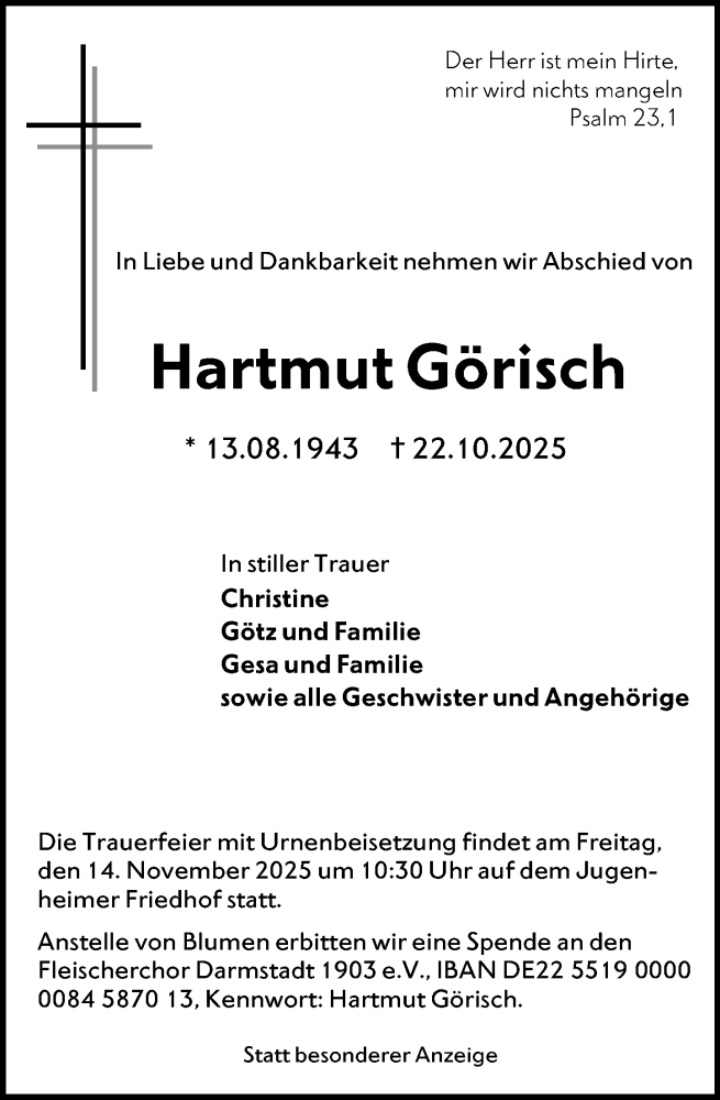  Traueranzeige für Hartmut Görisch vom 01.11.2025 aus Darmstädter Echo