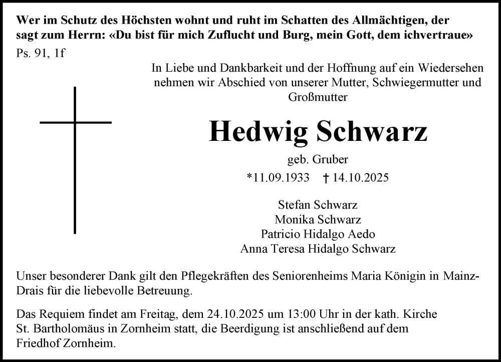  Traueranzeige für Hedwig Schwarz vom 22.10.2025 aus Allgemeine Zeitung Mainz