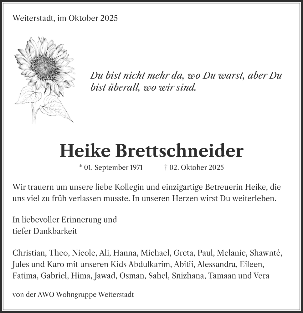  Traueranzeige für Heike Brettschneider vom 01.11.2025 aus Darmstädter Echo
