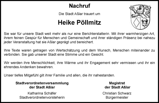 Traueranzeige von Heike Pöllmitz von Wetzlarer Neue Zeitung