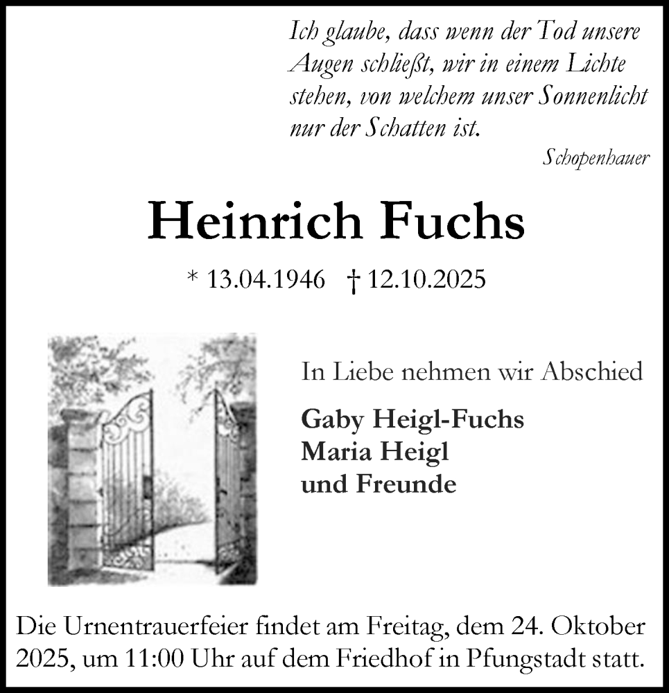 Traueranzeige für Heinrich Fuchs vom 18.10.2025 aus Darmstädter Echo