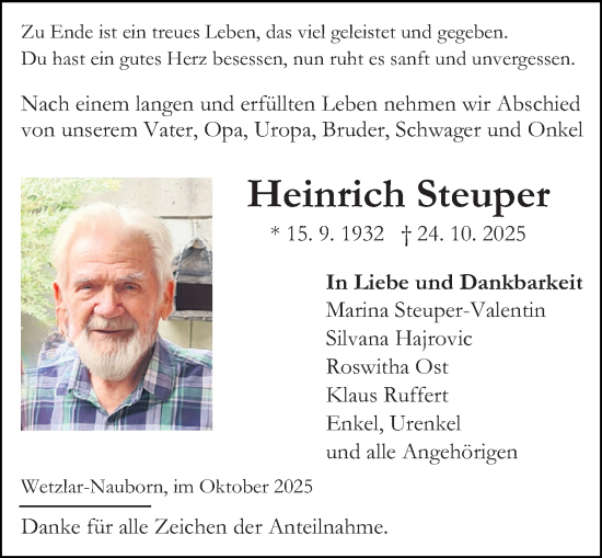 Traueranzeige von Heinrich Steuper von Wetzlarer Neue Zeitung