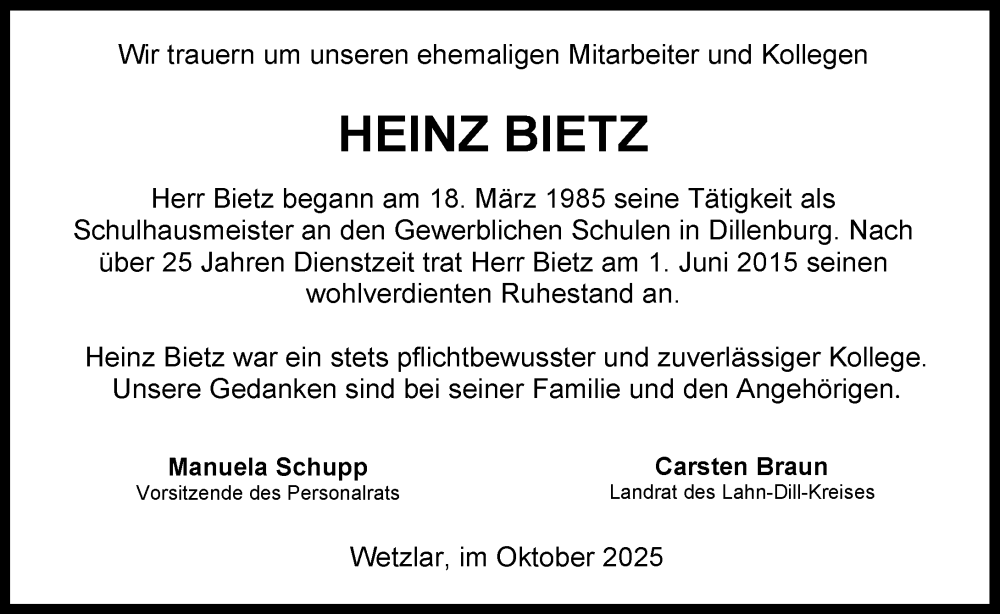  Traueranzeige für Heinz Bietz vom 16.10.2025 aus Dill Block