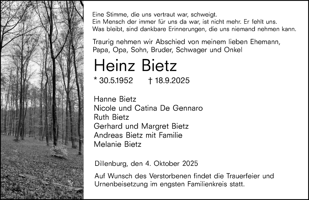  Traueranzeige für Heinz Bietz vom 04.10.2025 aus Dill Block