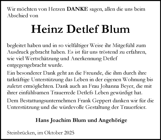 Traueranzeige von Heinz Detlef Blum von Dill Block