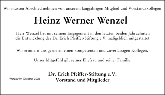 Traueranzeige von Heinz Werner Wenzel von Wetzlarer Neue Zeitung