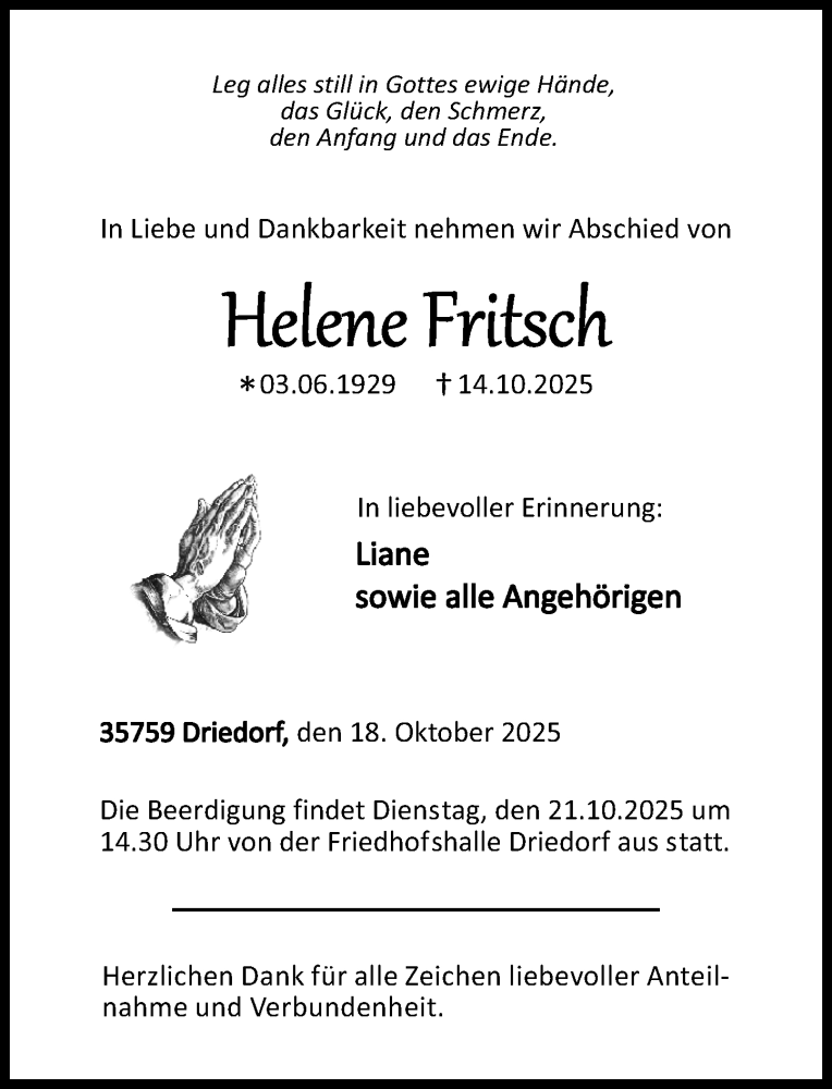  Traueranzeige für Helene Fritsch vom 18.10.2025 aus Dill Block