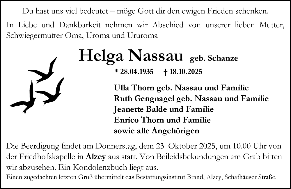  Traueranzeige für Helga Nassau vom 21.10.2025 aus Allgemeine Zeitung Alzey