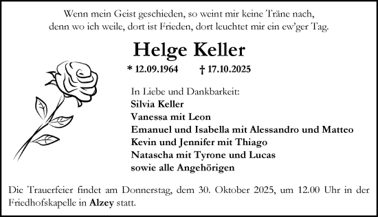 Traueranzeige von Helge Keller von Allgemeine Zeitung Alzey
