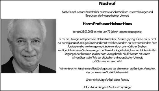 Traueranzeige von Helmut Friedrich Haas von Starkenburger Echo