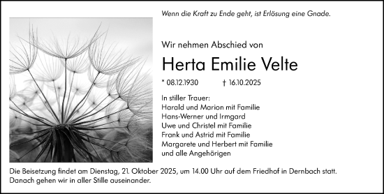 Traueranzeige von Herta Emilie Velte von Hinterländer Anzeiger