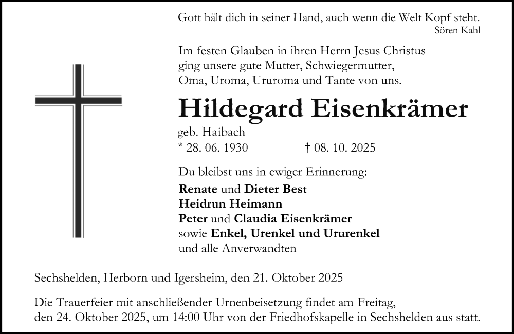  Traueranzeige für Hildegard Eisenkrämer vom 21.10.2025 aus Dill Block
