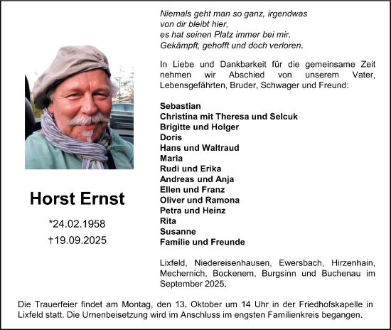 Traueranzeige von Horst Ernst von Hinterländer Anzeiger