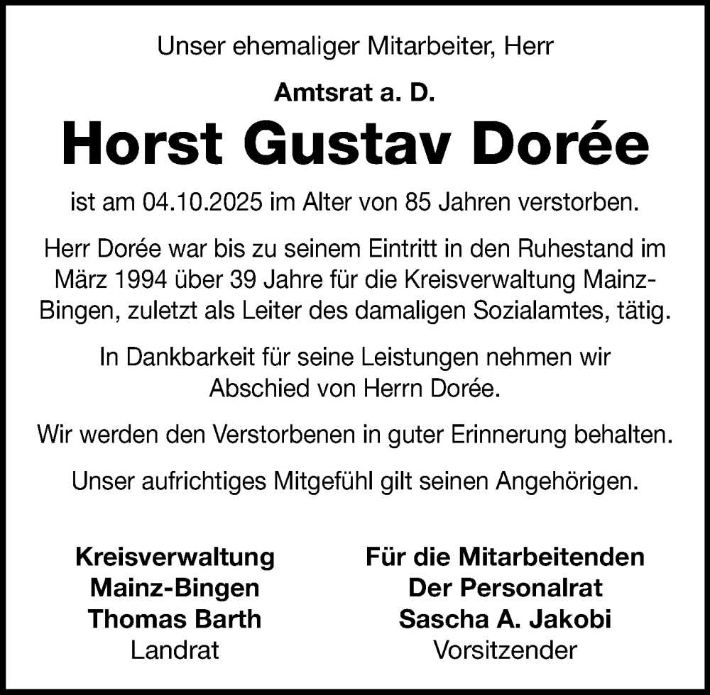  Traueranzeige für Horst Gustav Dorée vom 24.10.2025 aus Allgemeine Zeitung Rheinhessen-Nahe