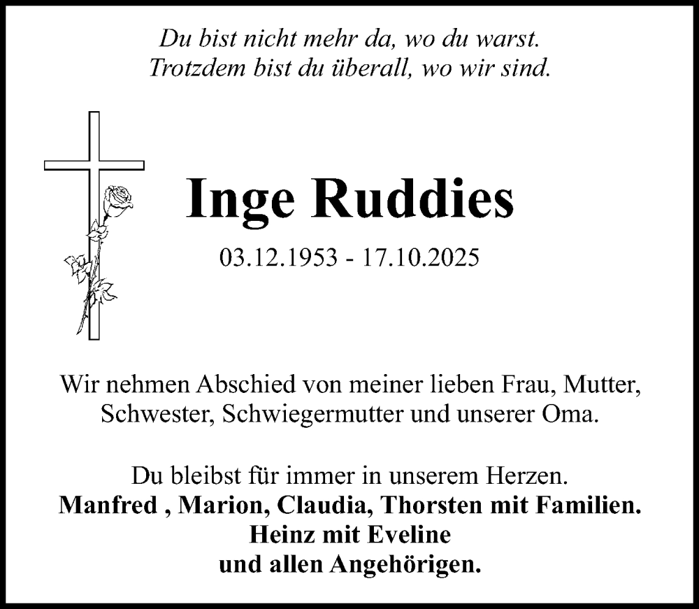  Traueranzeige für Inge Ruddies vom 01.11.2025 aus Darmstädter Echo