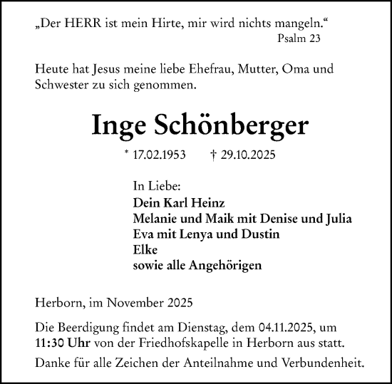 Traueranzeige von Inge Schönberger von Dill Block