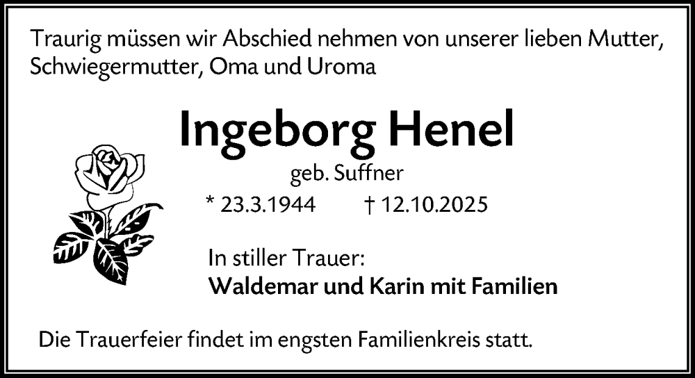  Traueranzeige für Ingeborg Henel vom 25.10.2025 aus Wiesbadener Kurier