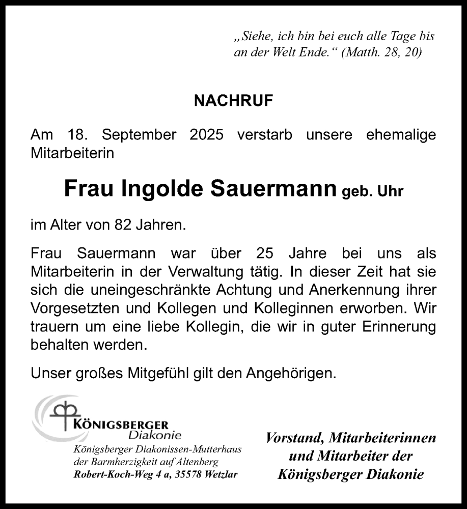  Traueranzeige für Ingolde Sauermann vom 25.10.2025 aus Wetzlarer Neue Zeitung