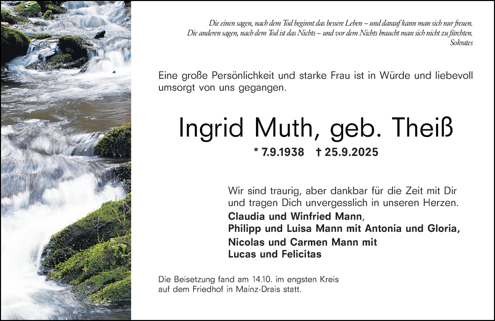  Traueranzeige für Ingrid Muth vom 18.10.2025 aus Allgemeine Zeitung Mainz