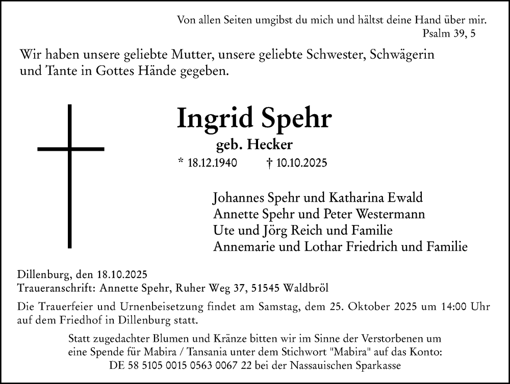  Traueranzeige für Ingrid Spehr vom 18.10.2025 aus Dill Block