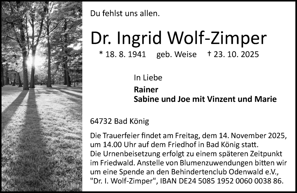  Traueranzeige für Ingrid Wolf-Zimper vom 01.11.2025 aus Odenwälder Echo