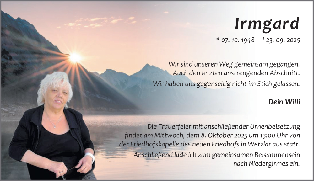  Traueranzeige für Irmgard Reh vom 04.10.2025 aus Wetzlarer Neue Zeitung