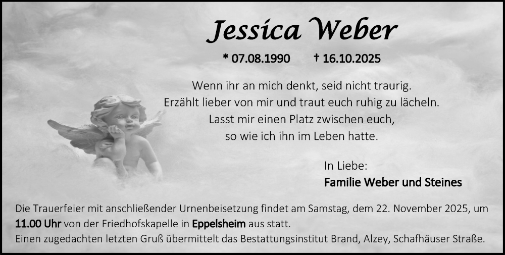  Traueranzeige für Jessica Weber vom 31.10.2025 aus Allgemeine Zeitung Alzey