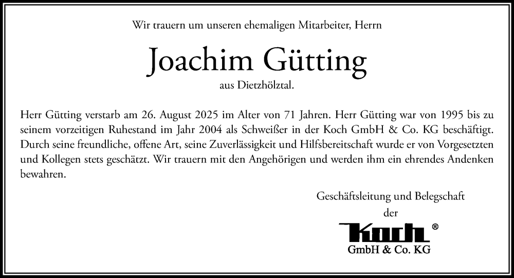  Traueranzeige für Joachim Gütting vom 13.10.2025 aus Dill Block