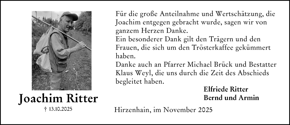  Traueranzeige für Joachim Ritter vom 01.11.2025 aus Dill Block