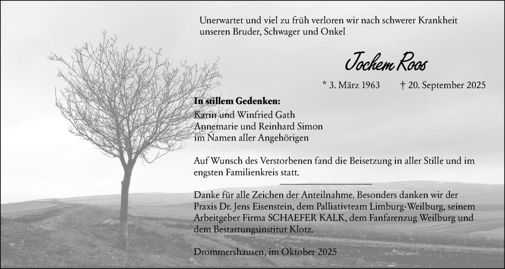  Traueranzeige für Jochem Roos vom 21.10.2025 aus Weilburger Tageblatt