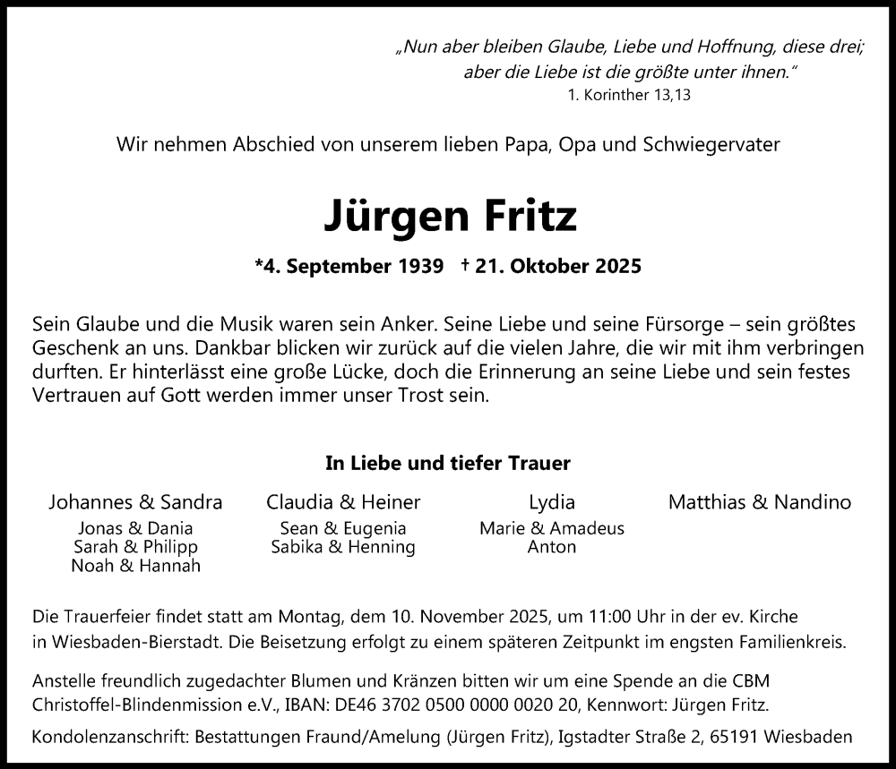  Traueranzeige für Jürgen Fritz vom 01.11.2025 aus Wiesbadener Kurier