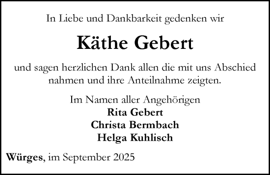 Traueranzeige von Käthe Gebert von Camberger Anzeiger