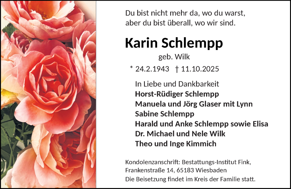  Traueranzeige für Karin Schlempp vom 18.10.2025 aus Wiesbadener Kurier