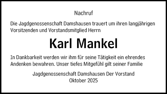 Traueranzeige von Karl Mankel von Hinterländer Anzeiger