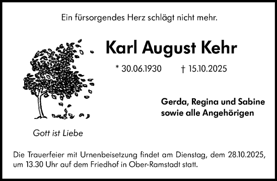 Traueranzeige von Karl August Kehr von Darmstädter Echo