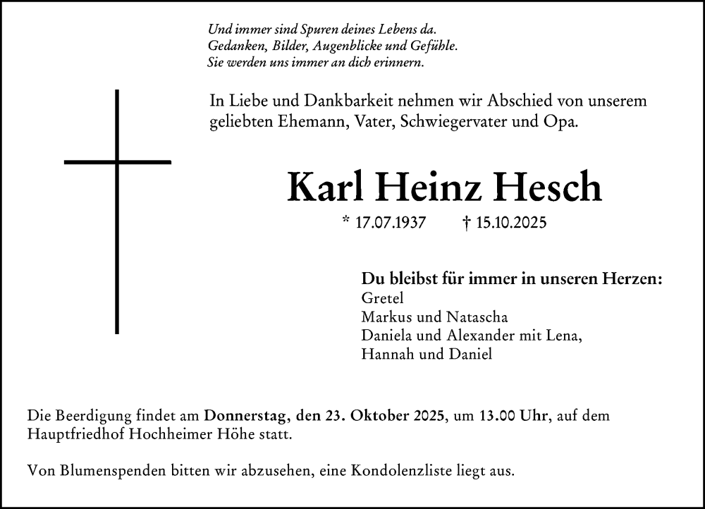  Traueranzeige für Karl Heinz Hesch vom 18.10.2025 aus Wormser Zeitung