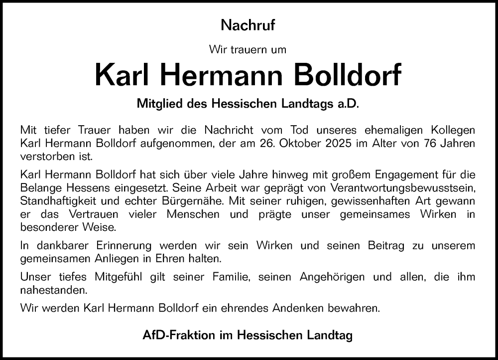  Traueranzeige für Karl Hermann Bolldorf vom 01.11.2025 aus Wiesbadener Kurier