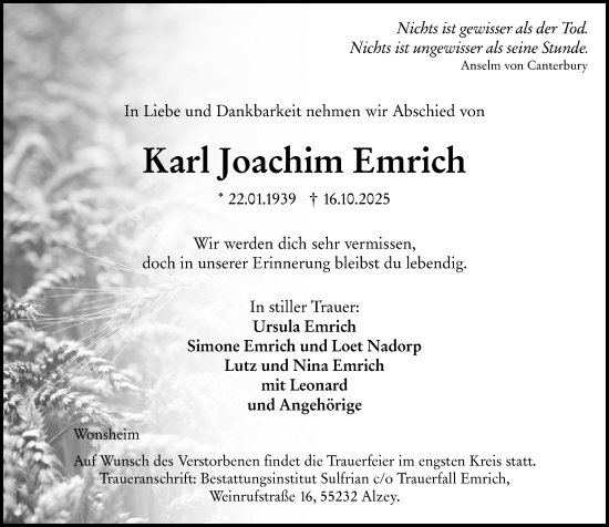 Traueranzeige von Karl Joachim Emrich von Allgemeine Zeitung Alzey