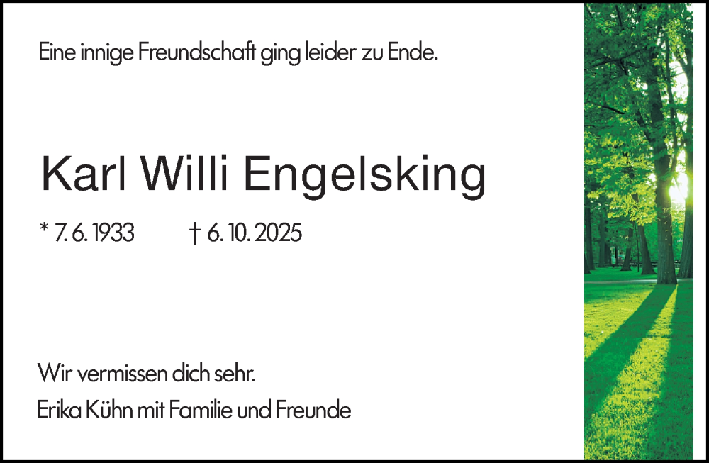  Traueranzeige für Karl Willi Engelsking vom 18.10.2025 aus Darmstädter Echo
