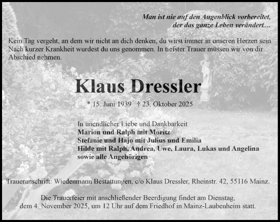Traueranzeige von Klaus Dressler von Allgemeine Zeitung Mainz