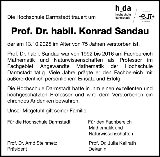 Traueranzeige von Konrad Sandau von Darmstädter Echo