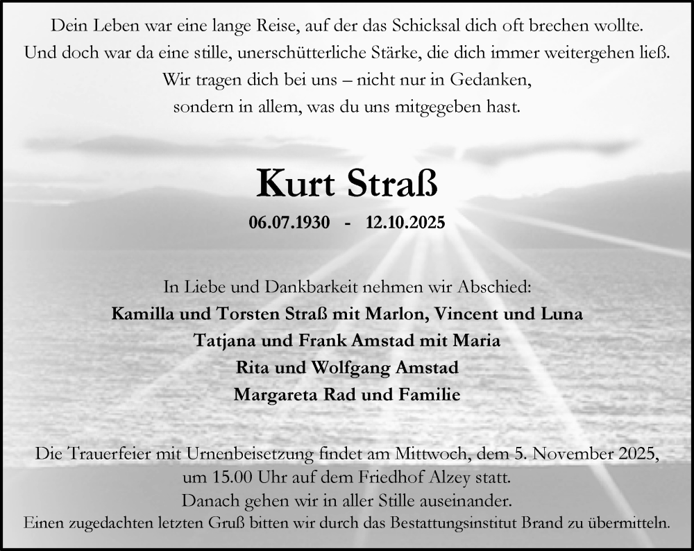  Traueranzeige für Kurt Straß vom 31.10.2025 aus Allgemeine Zeitung Alzey