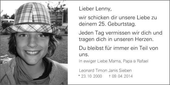 Traueranzeige von Leonard Timon Janis Sieben von Allgemeine Zeitung Mainz