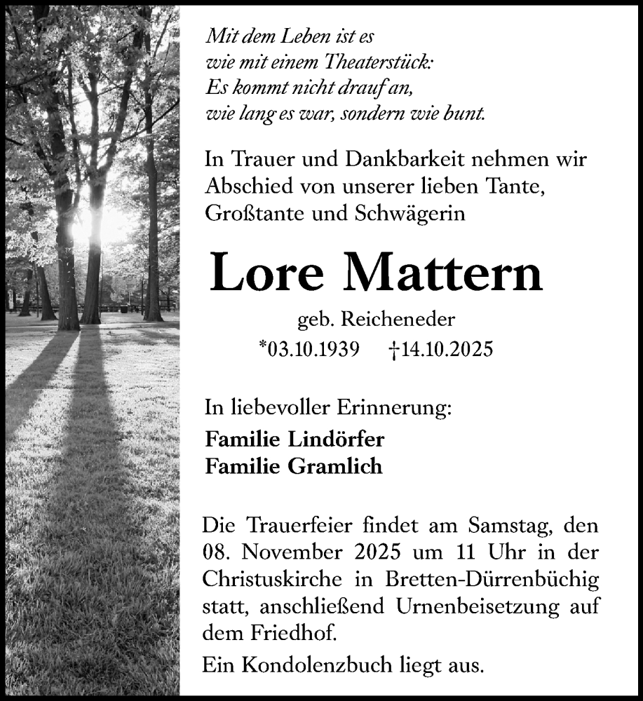  Traueranzeige für Lore Mattern vom 25.10.2025 aus Allgemeine Zeitung Mainz