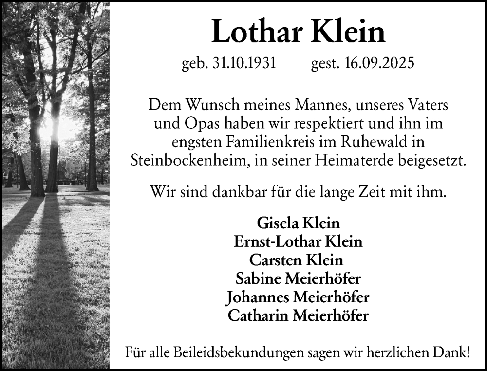  Traueranzeige für Lothar Klein vom 04.10.2025 aus Allgemeine Zeitung Alzey